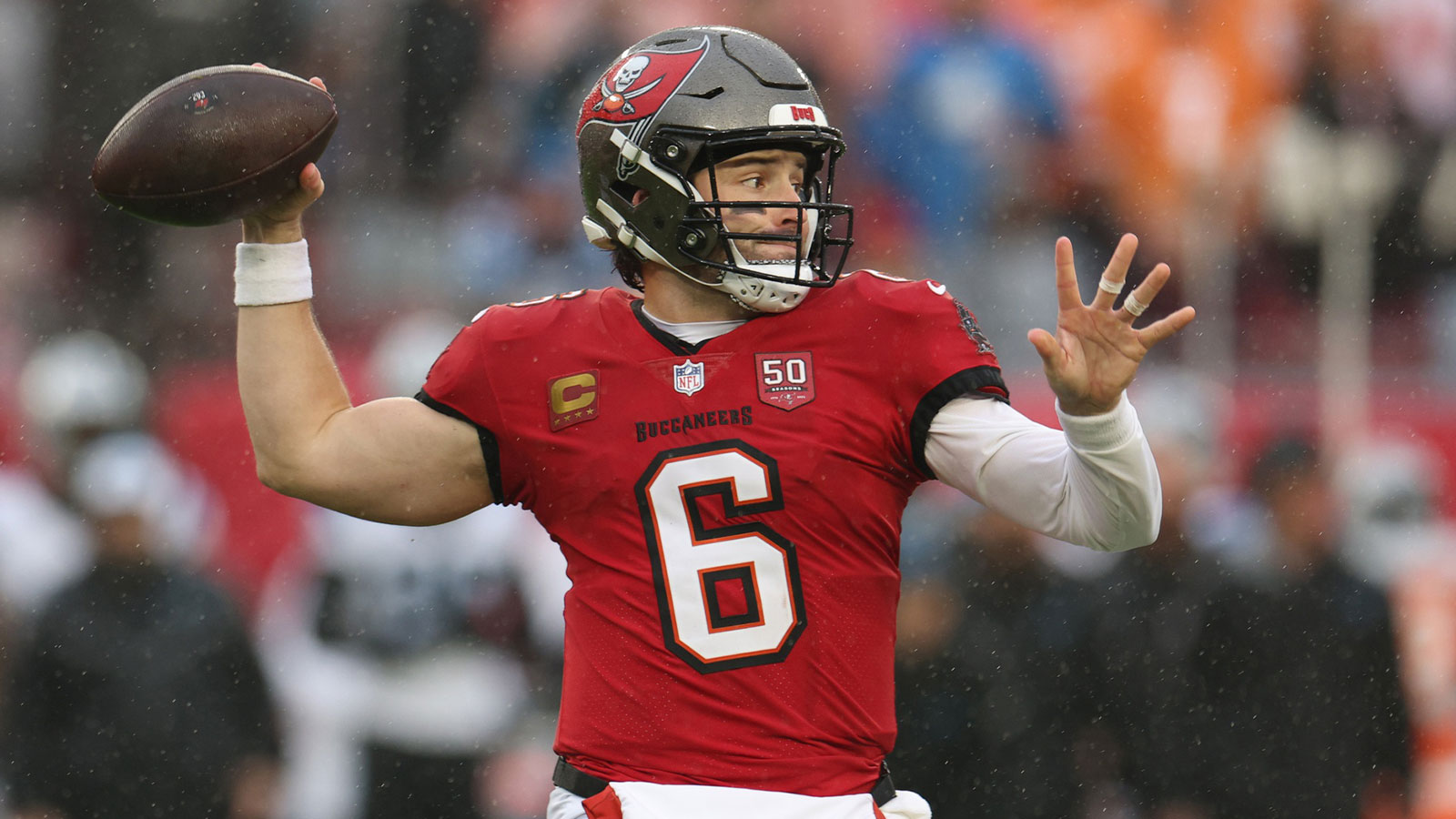 Tampa Bay Buccaneers quarterback Baker Mayfield (6) throws a pass against the Carolina Panthers in the first half at Raymond James Stadium.
