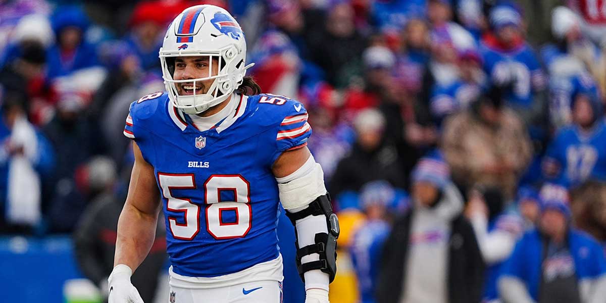 Buffalo Bills linebacker Matt Milano (58) smiles after making a tackle during the second half of the Buffalo Bills wild card game against the Denver Broncos at Highmark Stadium in Orchard Park on Jan. 12, 2025.