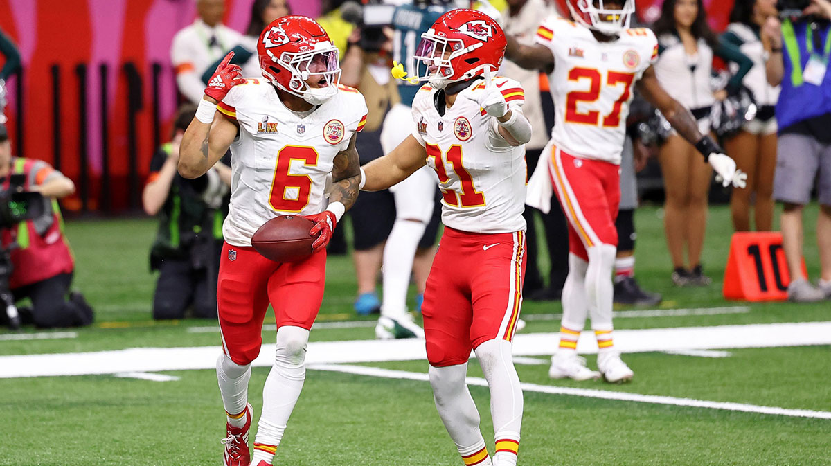 Kansas City Chiefs safety Bryan Cook (6) is congratulated by teammates after making an interception against the Philadelphia Eagles during the first half of Super Bowl LIX at Caesars Superdome.