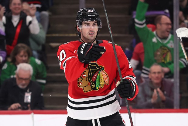 CHICAGO, ILLINOIS - MARCH 17: Ryan Greene #20 of the Chicago Blackhawks celebrates after scoring a goal against the Minnesota Wild during the second period at the United Center on March 17, 2026 in Chicago, Illinois. (Photo by Michael Reaves/Getty Images)