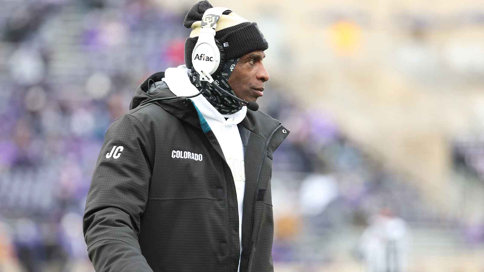 Colorado Buffaloes head coach Deion Sanders looks on during the second quarter against the Kansas State Wildcats at Bill Snyder Family Football Stadium.