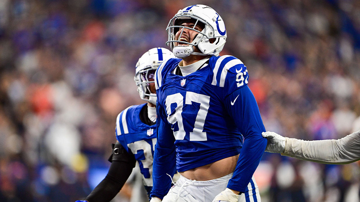 Sep 22, 2024; Indianapolis, Indiana, USA; Indianapolis Colts defensive end Laiatu Latu (97) celebrates a sack during the second half against the Chicago Bears at Lucas Oil Stadium. Mandatory Credit: Marc Lebryk-Imagn Images
