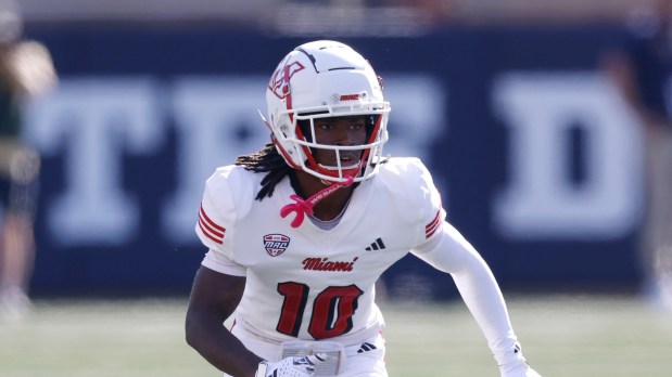 Miami (OH) wide receiver Kam Perry (10) in action during an NCAA football game against Notre Dame on Saturday, Sept. 21, 2024, in South Bend, Ind. Notre Dame won 28-3. (AP Photo/Mike Buscher)