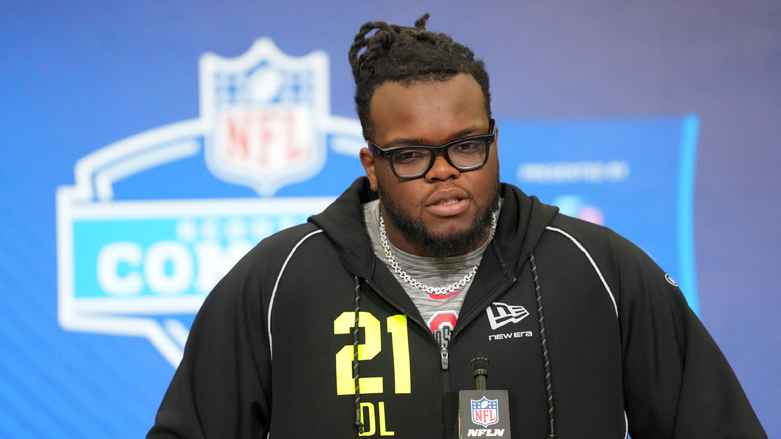 Ohio State defensive lineman Kayden McDonald (DL21) speaks during the NFL Scouting Combine at the Indiana Convention Center.