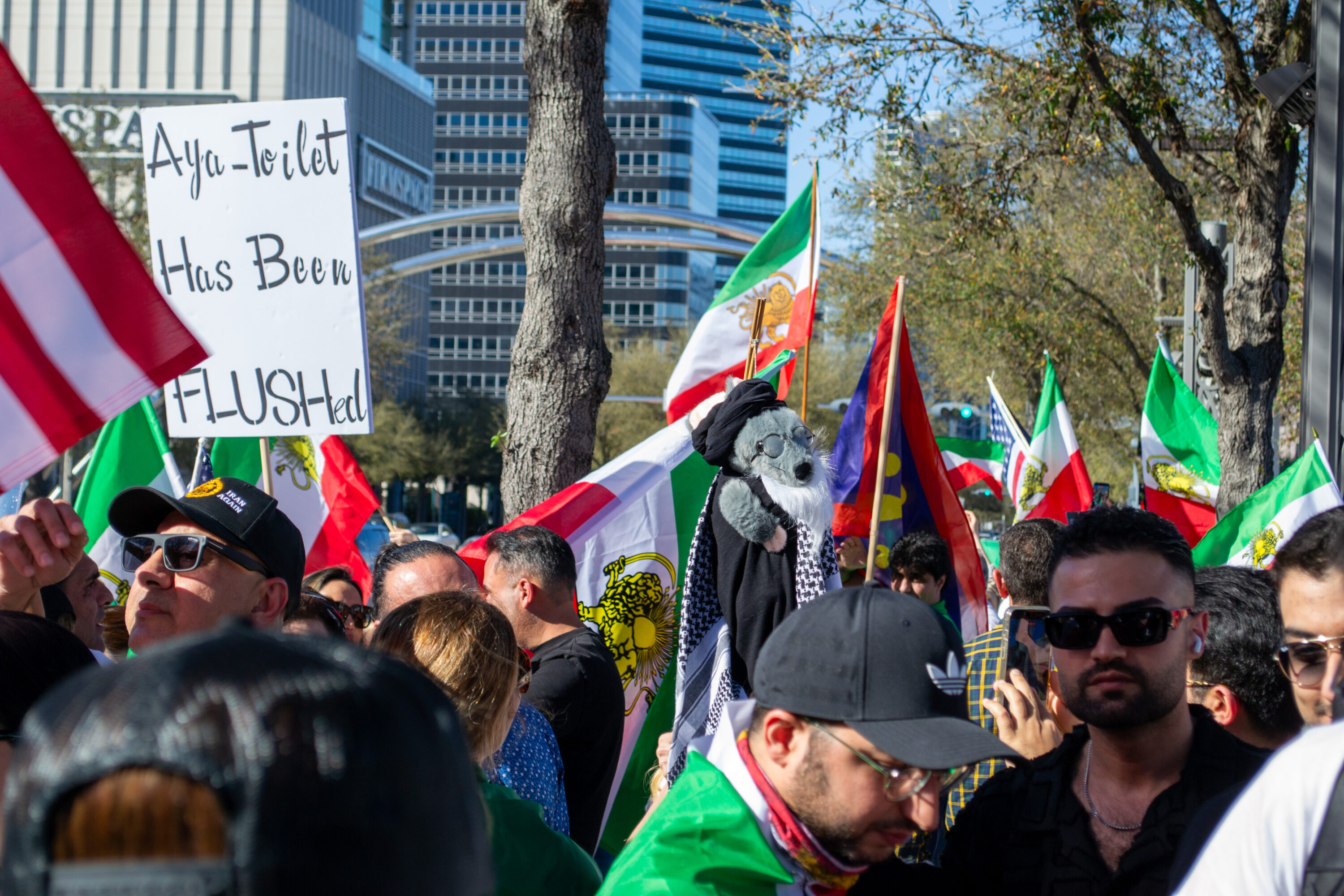 Demonstrators in Houston wave flags and hold signs as they celebrate the death of A demonstrator waves an Iranian Lion and Sun flag at a demonstration in Houston celebrating the death of Ayatollah Ali Khamenei.