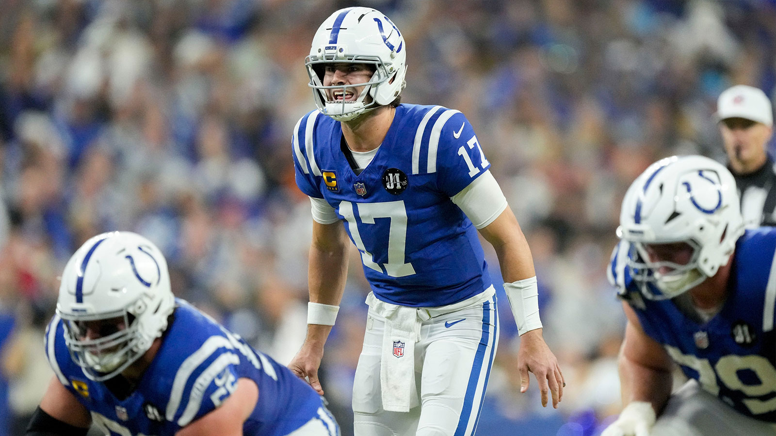 Indianapolis Colts quarterback Daniel Jones (17) yells at the line of scrimmage Sunday, Nov. 30, 2025, during a game against the Houston Texans at Lucas Oil Stadium in Indianapolis.