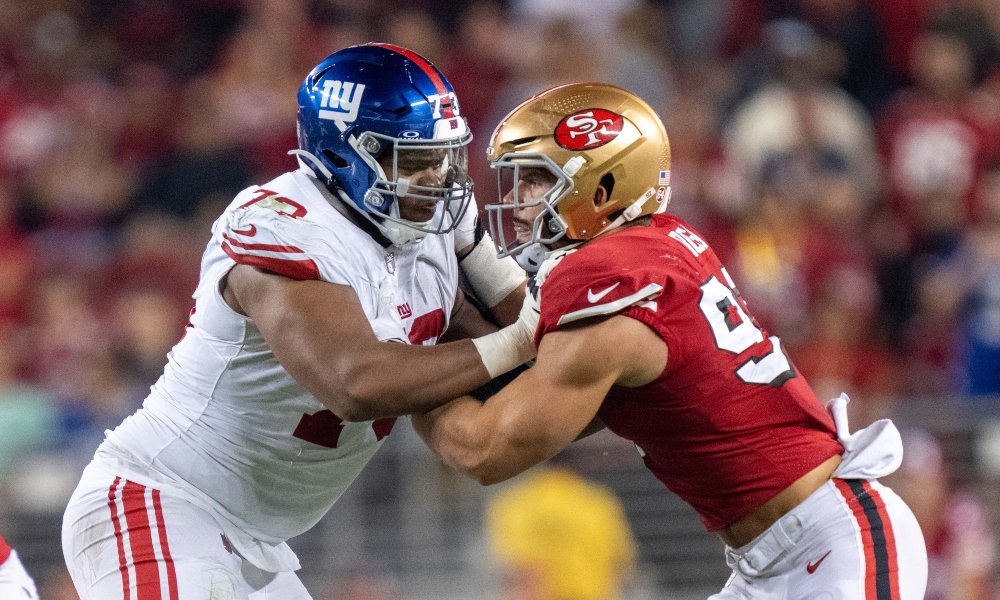September 21, 2023; Santa Clara, California, USA; New York Giants offensive tackle Evan Neal (73) blocks San Francisco 49ers defensive end Nick Bosa (97) during the fourth quarter at Levi's Stadium.