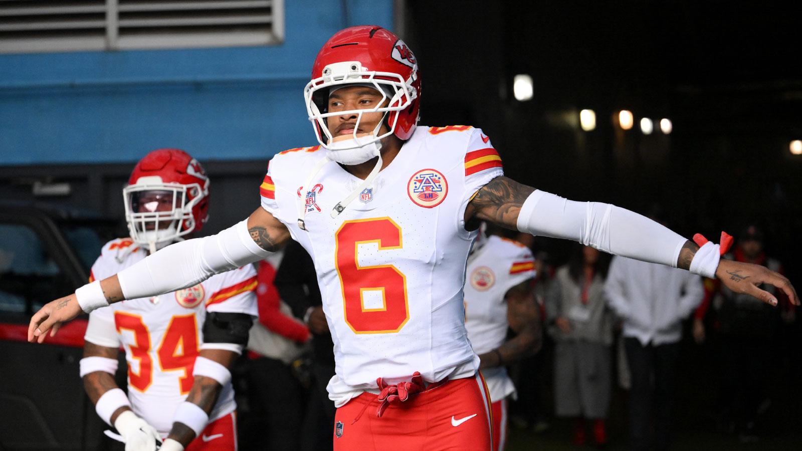 Kansas City Chiefs safety Bryan Cook (6) warms up before a game against the Tennessee Titans at Nissan Stadium.