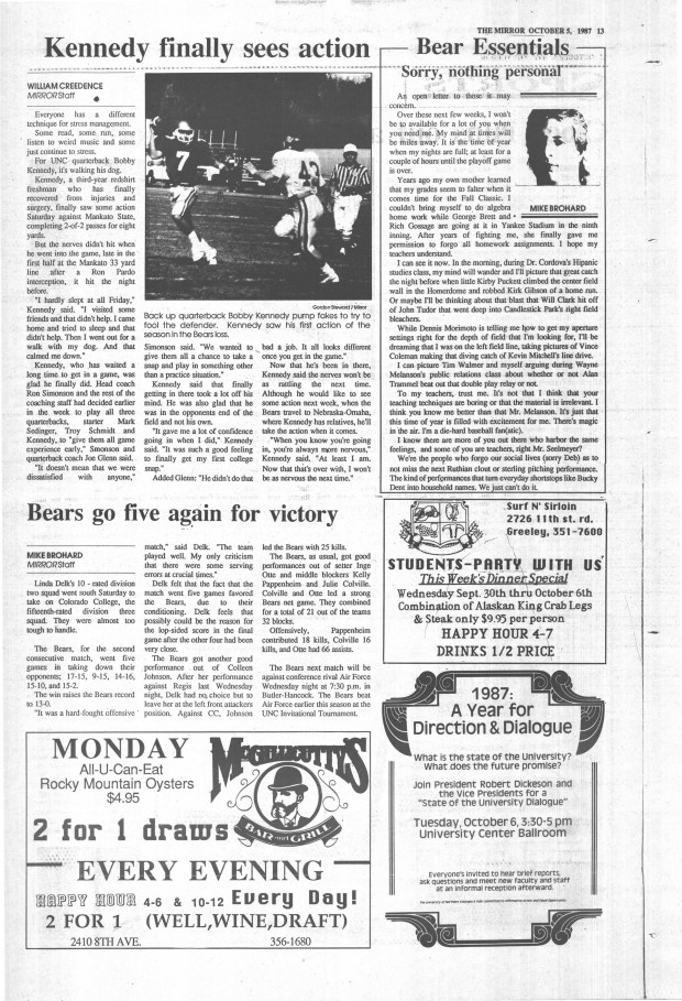 The Mirror, the University of Northern Colorado student newspaper, features backup football quarterback Bobby Kennedy in an October 1987 story. Kennedy, now 59 and a UNC graduate, was hired in early February as the head coach at Montana, a UNC rival in the Big Sky Conference. Kennedy was born in Denver and raised in Boulder where he played football at Boulder High School. (Courtesy/University of Northern Colorado Archives).