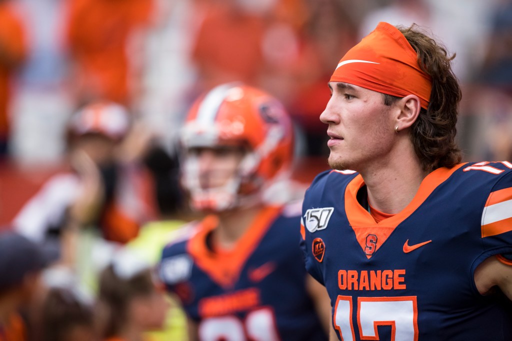 Rex Culpepper #17 of the Syracuse Orange runs out for the game against the Holy Cross Crusaders at the Carrier Dome on September 28, 2019.