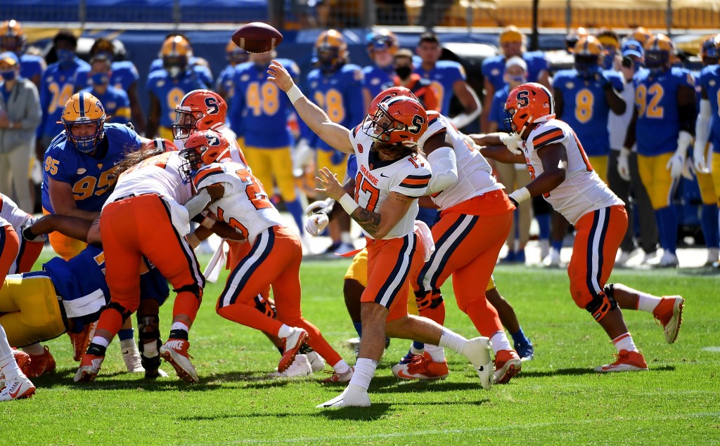 Rex Culpepper #17 of the Syracuse Orange drops back to pass in the second half during the game against the Pittsburgh Panthers at Heinz Field on September 19, 2020.