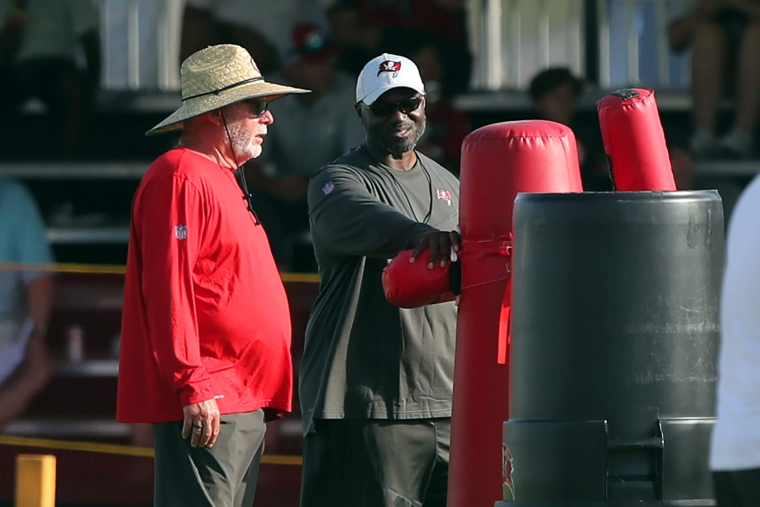 Tampa Bay Buccaneers Senior Advisor to the General Manager Bruce Arians and Head Coach Todd Bowles talk during the Tampa Bay Buccaneers Training Camp