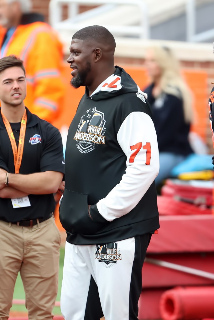 Former Cincinnati Bengal Willie Anderson attends the Reese's Senior Bowl American team practice session on February 1, 2023 at Hancock Whitney Stadium in Mobile, Alabama. 