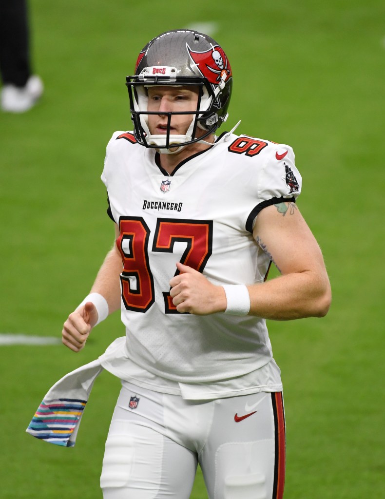 Long snapper Zach Triner #97 of the Tampa Bay Buccaneers warms up before a game 