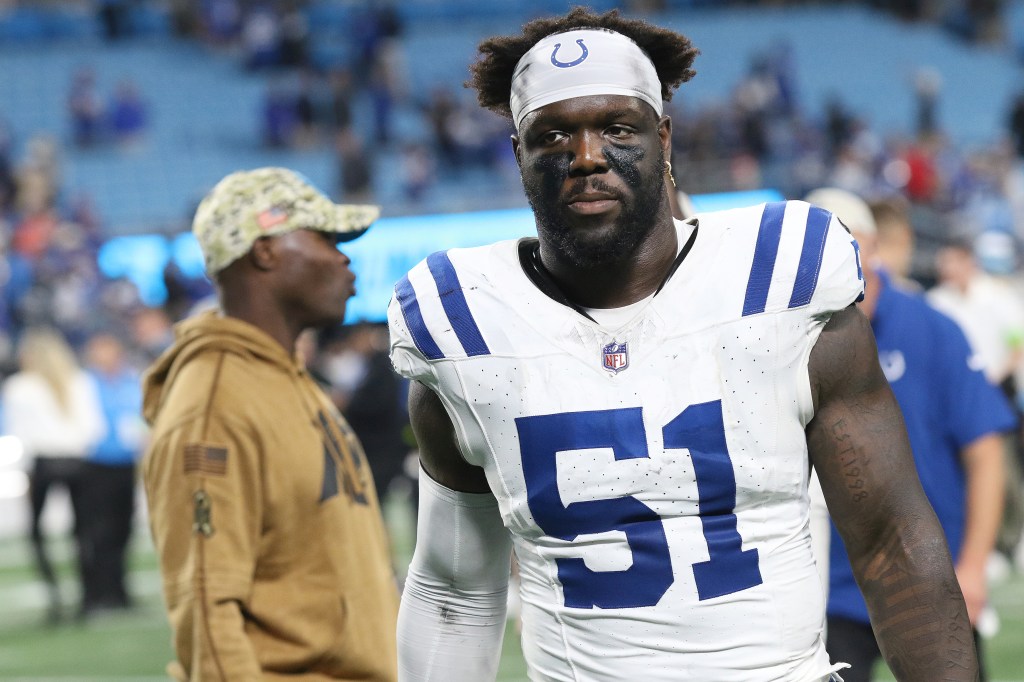 Indianapolis Colts defensive end Kwity Paye wearing a white jersey with the number 51.