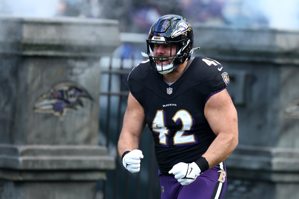 Fullback Patrick Ricard #42 of the Baltimore Ravens is introduced before the start of the Ravens and Miami Dolphins game at M&T Bank Stadium on December 31, 2023 in Baltimore, Maryland.