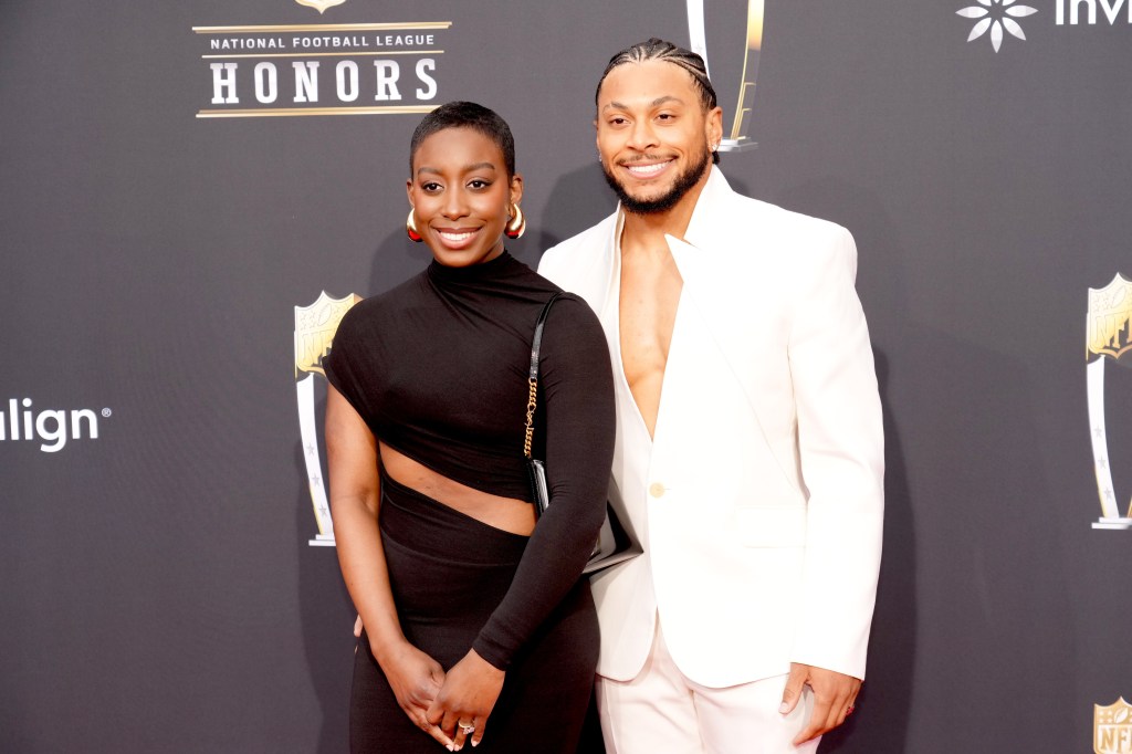 (L-R) Tessa Mpagi and Antoine Winfield Jr. attend the 13th Annual NFL Honors at Resorts World Theatre on February 08, 2024 in Las Vegas, Nevada. 