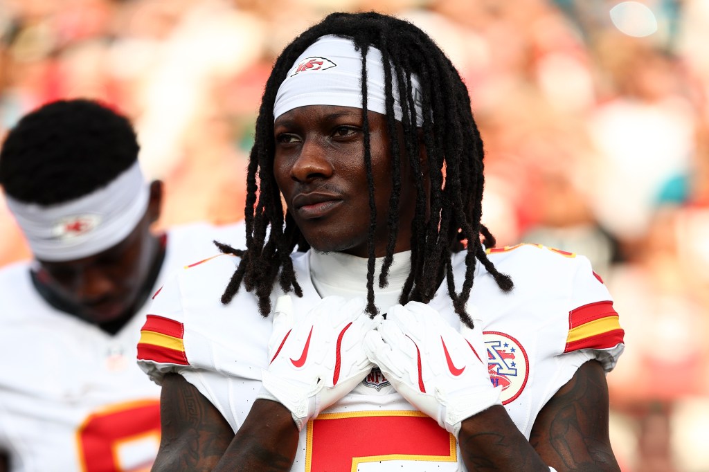 Marquise Brown #5 of the Kansas City Chiefs stands on the sidelines prior to an NFL preseason football game against the Jacksonville Jaguars at EverBank Stadium on August 10, 2024 in Jacksonville, Florida.