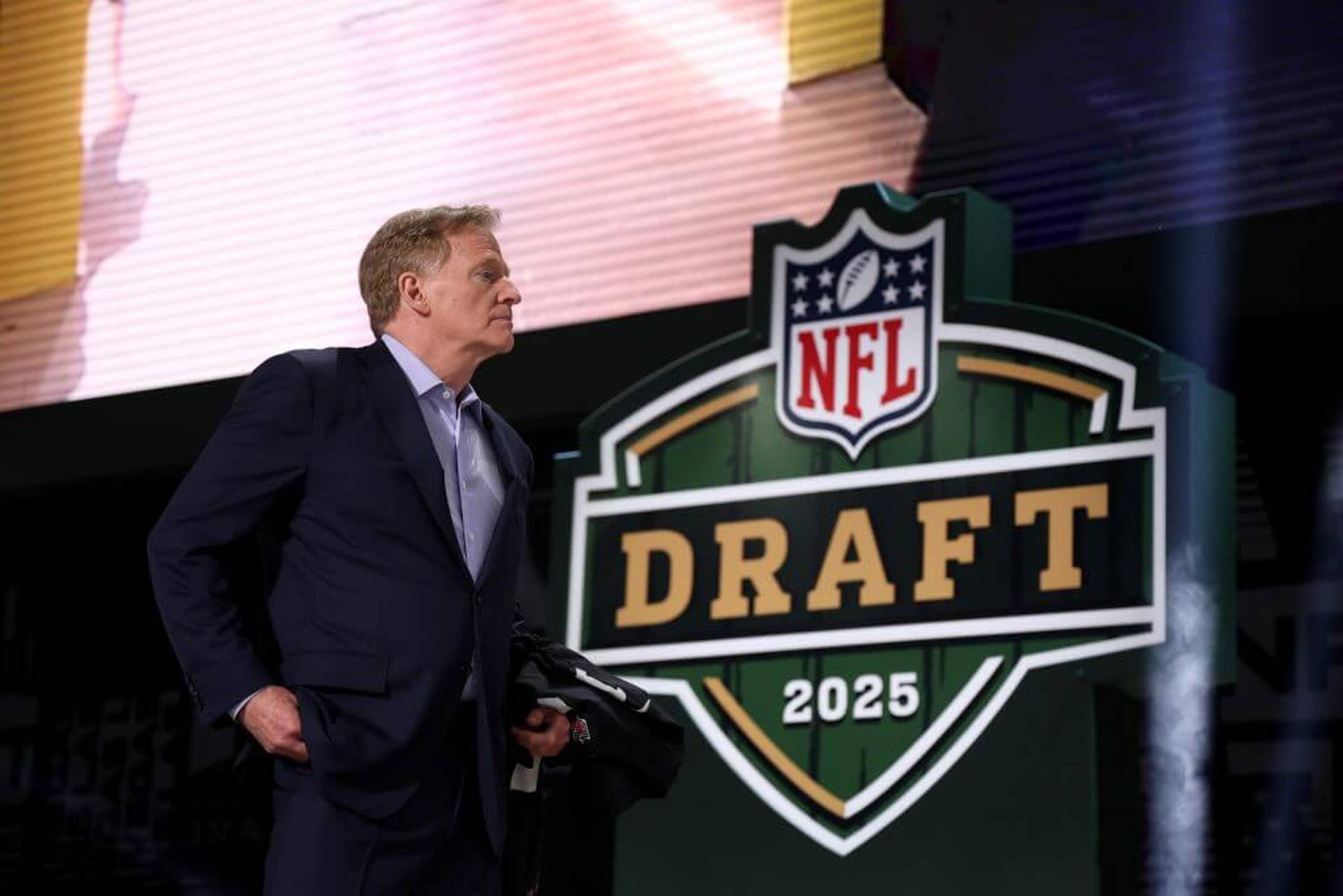 NFL Commissioner Roger Goodell looks on during the first round of the 2025 NFL Draft at Lambeau Field on April 24, 2025, in Green Bay, Wisconsin.