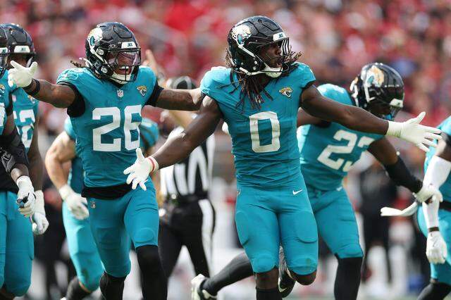 Devin Lloyd, pictured here as a member of the Jacksonville Jaguars, celebrates after intercepting a pass during against the San Francisco 49ers at Levi's Stadium on Sept. 28, 2025 in Santa Clara, California.