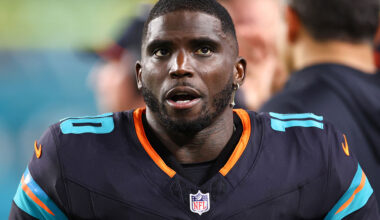 MIAMI GARDENS, FLORIDA - SEPTEMBER 29: Tyreek Hill #10 of the Miami Dolphins looks on against the New York Jets during the third quarter of the game at Hard Rock Stadium on September 29, 2025 in Miami Gardens, Florida. (Photo by Megan Briggs/Getty Images)
