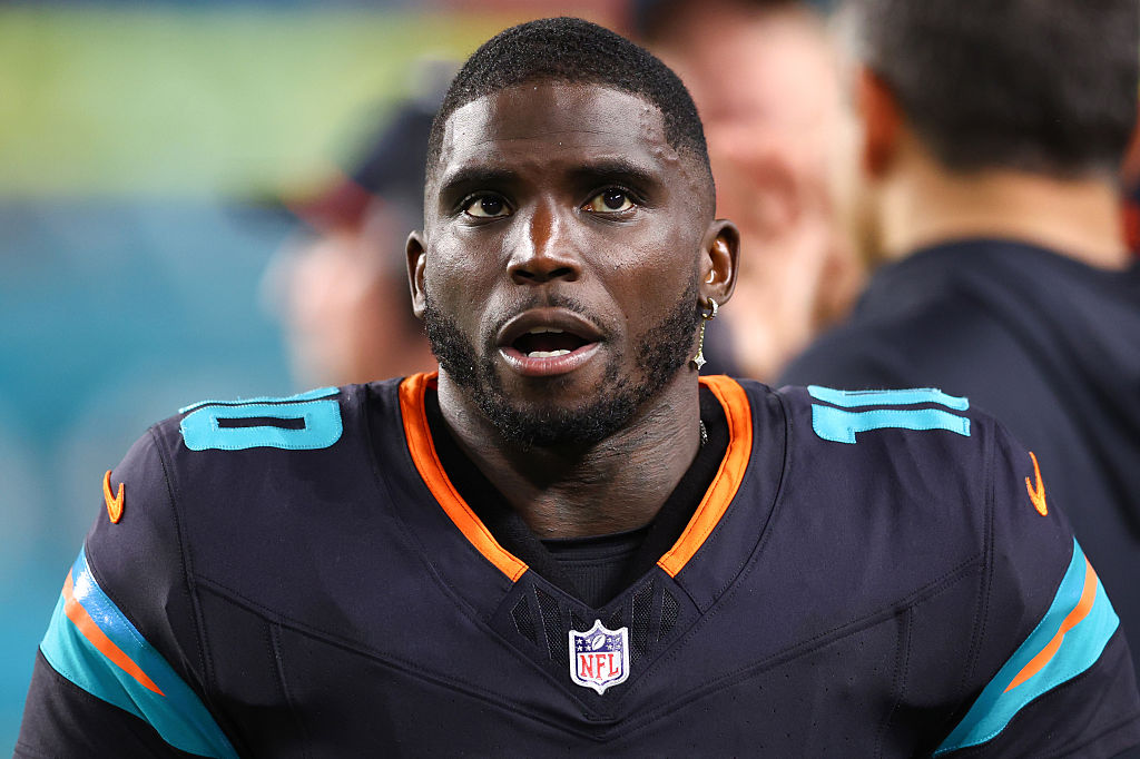 MIAMI GARDENS, FLORIDA - SEPTEMBER 29: Tyreek Hill #10 of the Miami Dolphins looks on against the New York Jets during the third quarter of the game at Hard Rock Stadium on September 29, 2025 in Miami Gardens, Florida. (Photo by Megan Briggs/Getty Images)