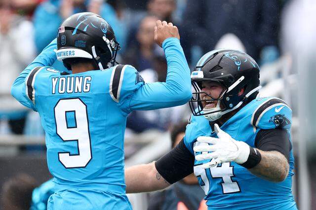 Carolina Panthers quarterback Bryce Young (left) and center Cade Mays (right) after a touchdown pass during a 2025 game against the Dallas Cowboys at Bank of America Stadium.