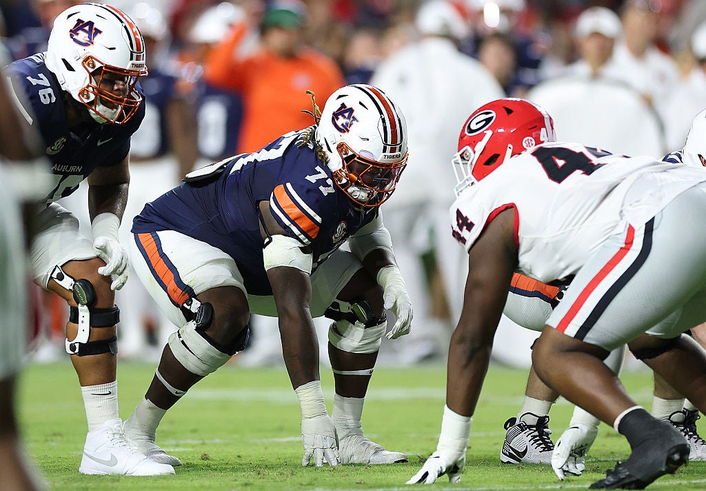AUBURN, ALABAMA - OCTOBER 11: Jeremiah Wright #77 of the Auburn Tigers lines up against the Georgia Bulldogs during the first quarter at Jordan-Hare Stadium on October 11, 2025 in Auburn, Alabama. (Photo by Kevin C. Cox/Getty Images)