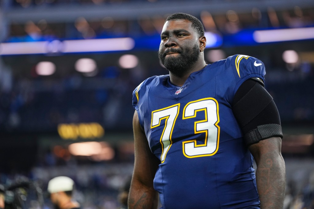Mekhi Becton with the Chargers in October 2025.