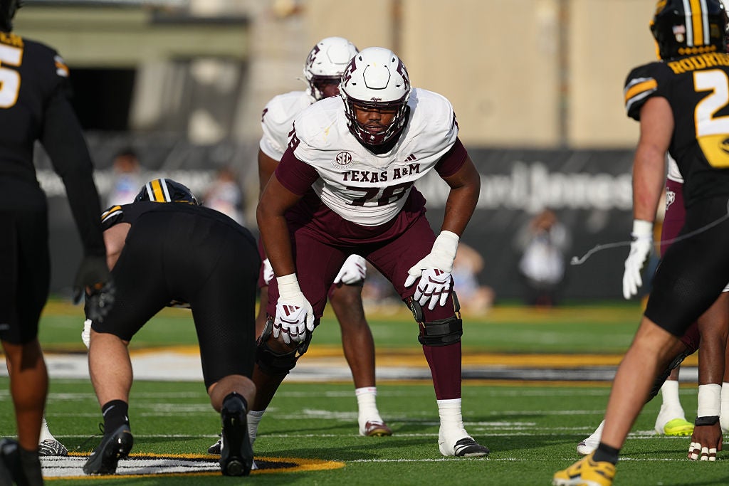 COLUMBIA, MISSOURI - NOVEMBER 08: Lineman Dametrious Crownover #78 of the Texas A&M Aggies blocks against the Missouri Tigers in the first half at Faurot Field at Memorial Stadium on November 08, 2025 in Columbia, Missouri. (Photo by Ed Zurga/Getty Images)