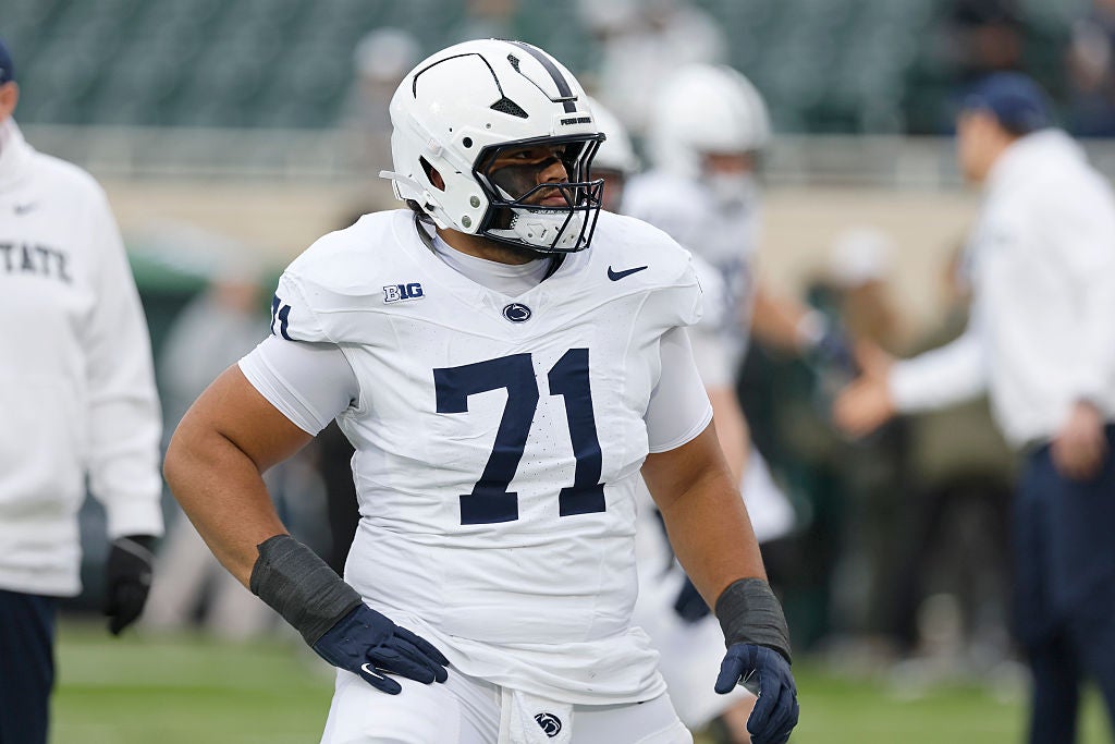 EAST LANSING, MICHIGAN - NOVEMBER 15: Olaivavega Ioane #71 of the Penn State Nittany Lions before a game against the Michigan State Spartans at Spartan Stadium on November 15, 2025 in East Lansing, Michigan. (Photo by Duane Burleson/Getty Images)
