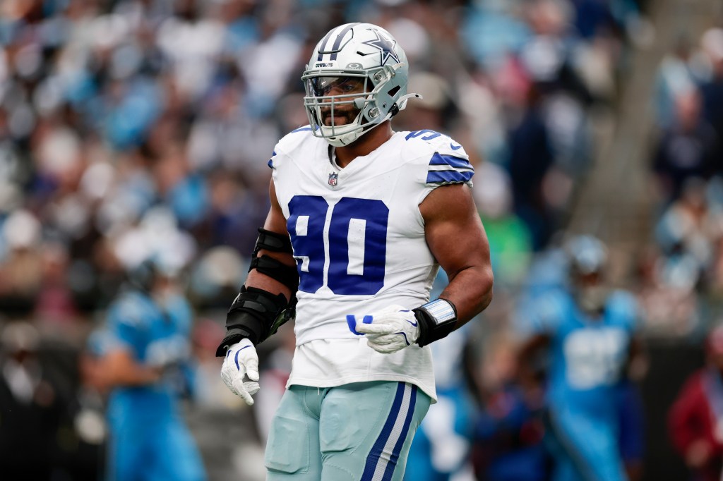 Solomon Thomas #90 of the Dallas Cowboys looks across the field during the NFL 2025 game against the Carolina Panthers at Bank of America Stadium on October 12, 2025 in Charlotte, North Carolina. 