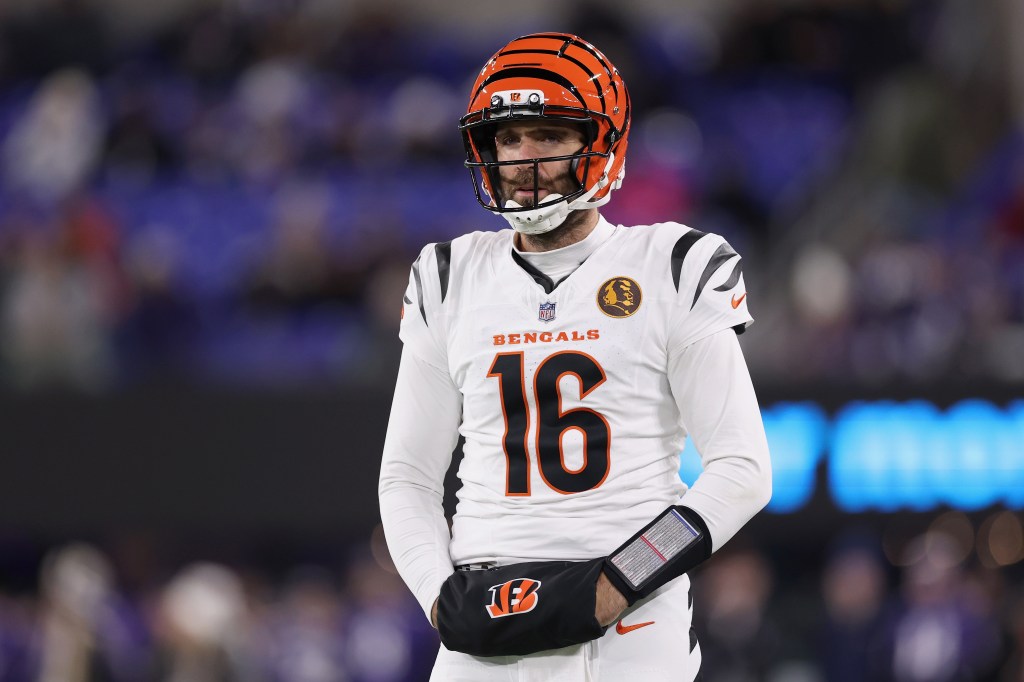 Joe Flacco #16 of the Cincinnati Bengals looks on during warmups prior to the game against the Baltimore Ravens at M&T Bank Stadium on November 27, 2025 in Baltimore, Maryland. 