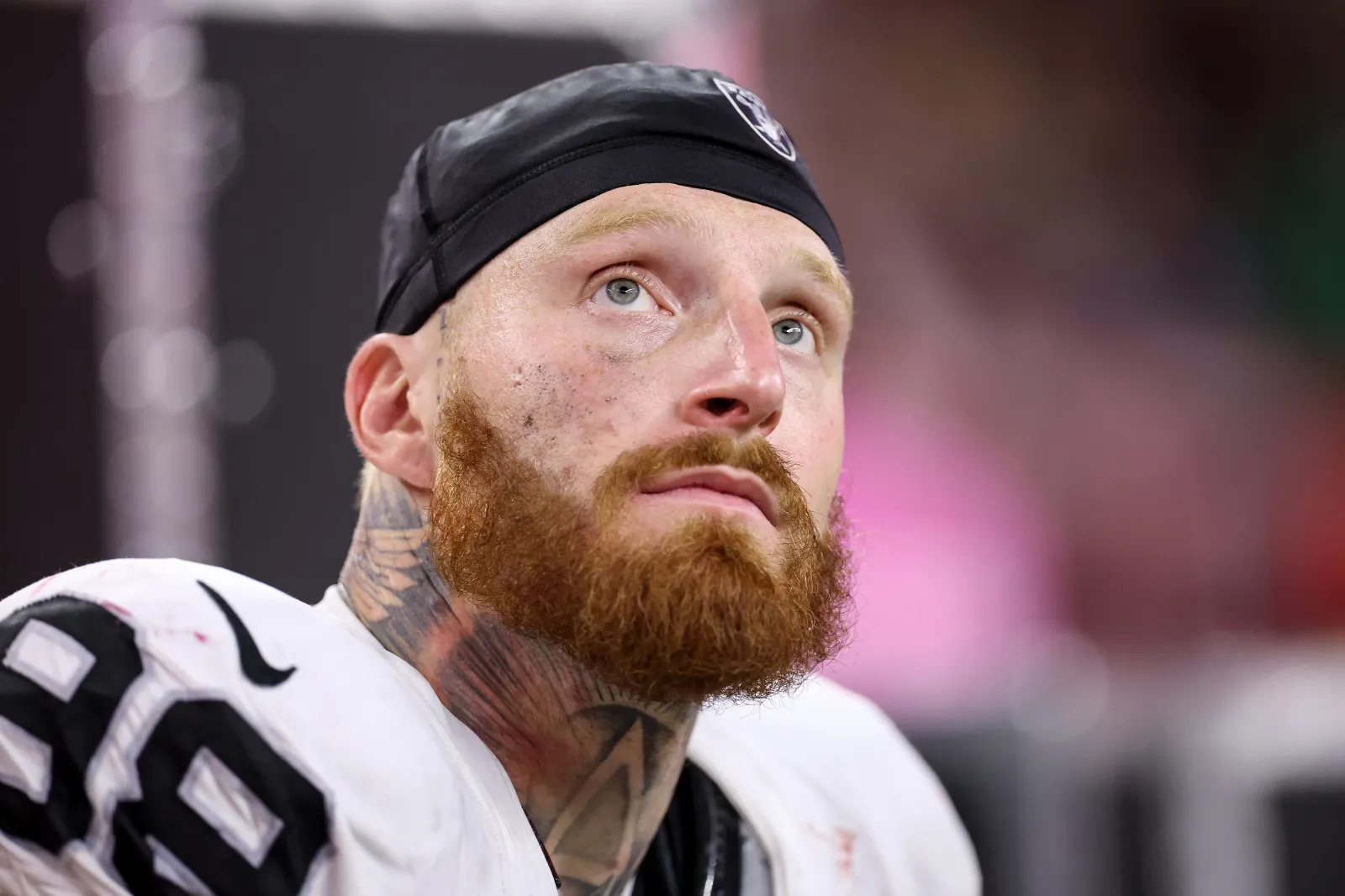 Maxx Crosby #98 of the Las Vegas Raiders reacts on the sideline in the second half against the Houston Texans at NRG Stadium on December 21, 2025 in Houston, Texas.