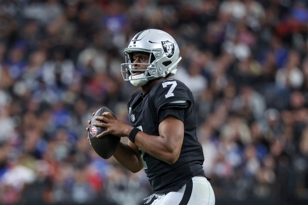 Geno Smith #7 of the Las Vegas Raiders looks to pass against the New York Giants in the third quarter of a game at Allegiant Stadium on December 28, 2025 in Las Vegas, Nevada. 