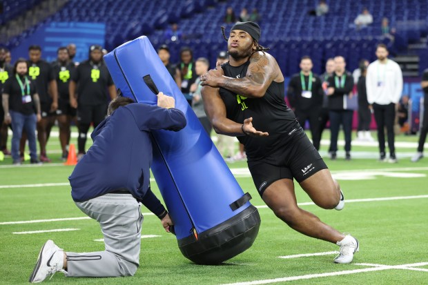 Chris McClellan of the Missouri Tigers participates in a drill during the 2026 NFL Scouting Combine at Lucas Oil Stadium on February 26, 2026 in Indianapolis, Indiana. (Photo by Stacy Revere/Getty Images)