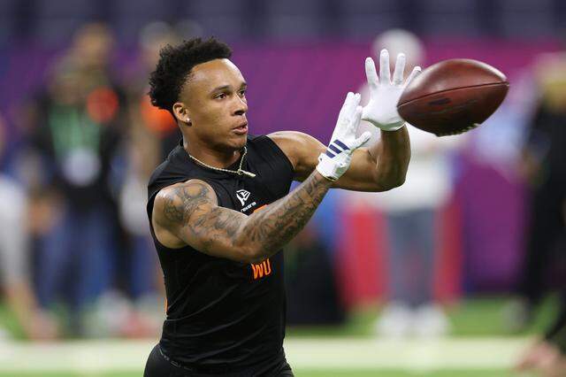 Georgia Tech wide receiver Eric Rivers participates in a drill during the NFL Scouting Combine at Lucas Oil Stadium on Feb. 28, 2026, in Indianapolis.
