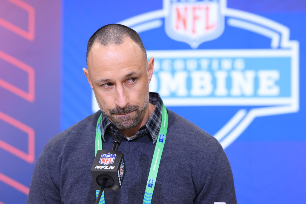 General manager Jon-Eric Sullivan of the Miami Dolphins speaks to the media during the 2026 NFL Scouting Combine at Lucas Oil Stadium on February 24, 2026 in Indianapolis, Indiana.