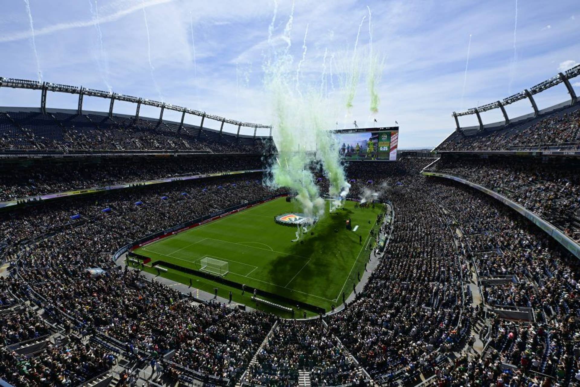 Fireworks explode prior to the Denver Summit FC's first home match at Empower Field at Mile High.