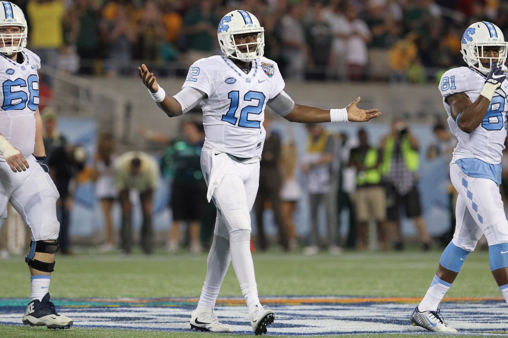 North Carolina Tar Heels quarterback Marquise Williams (12) reacts after throwing an interception in the 2nd quarter of the 2015 Russell Athletic Bowl between the North Carolina Tar Heels and Baylor Bears at the Florida Citrus Bowl 