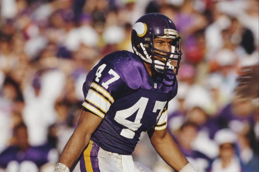 Joey Browner of the Minnesota Vikings gets ready for a play against the Phoenix Cardinals in 1991 at Sun Devil Stadium, in Tempe, Arizona.