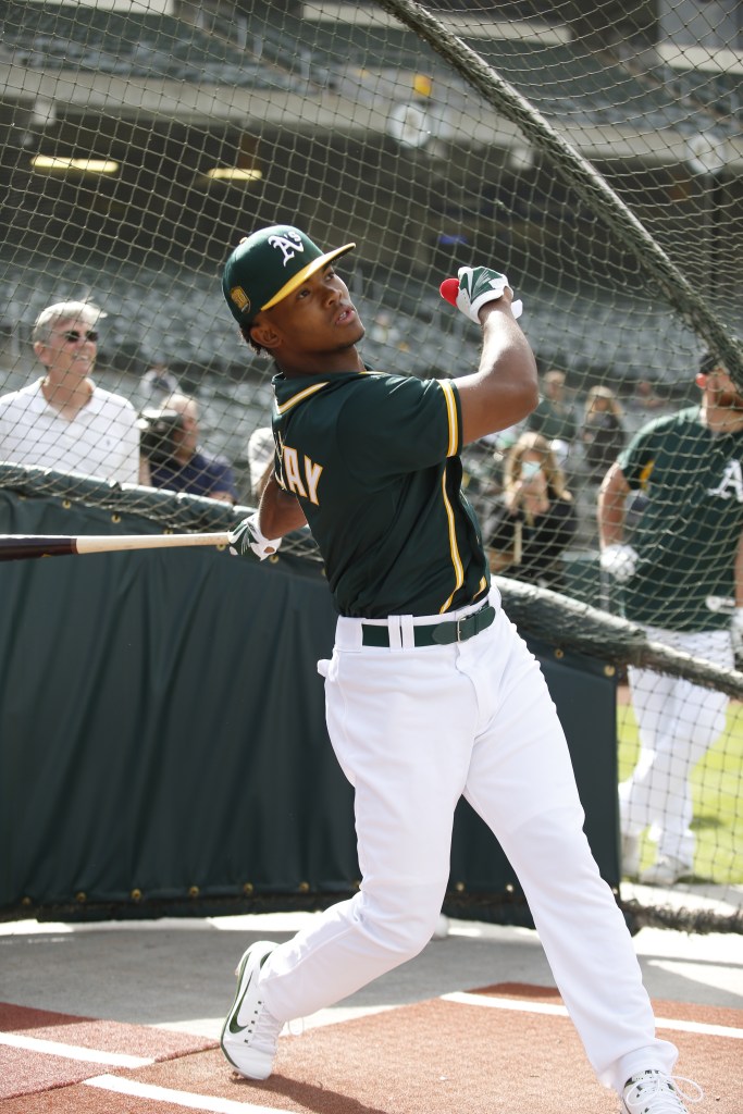 First round draft pick Kyler Murray of the Oakland Athletics takes batting practice after signing his contract at the Oakland Alameda Coliseum on June 15, 2018 in Oakland, California. 