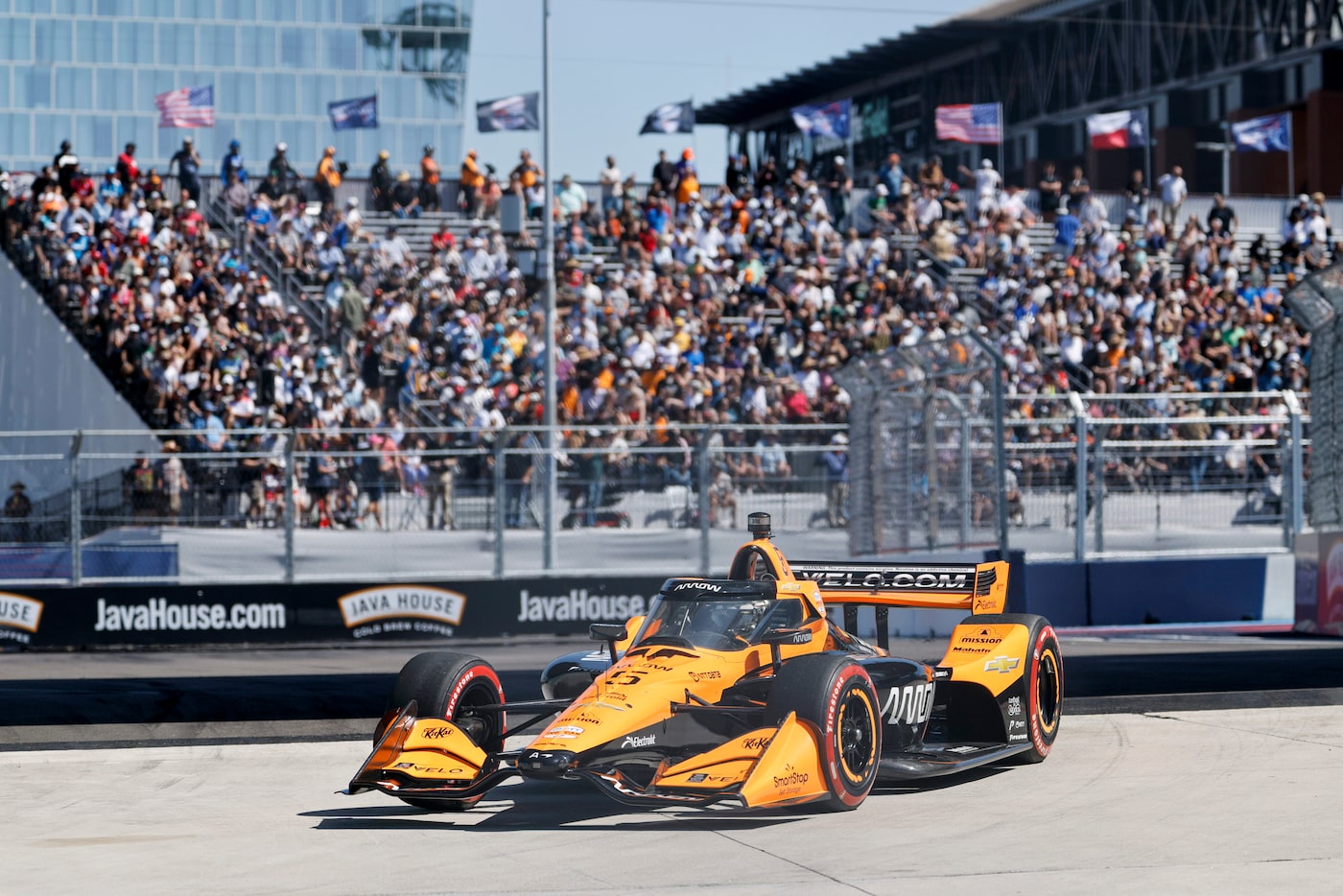 Arrow McLaren driver Pato O'Ward (5) exits pit lane to start his qualifying session for the...