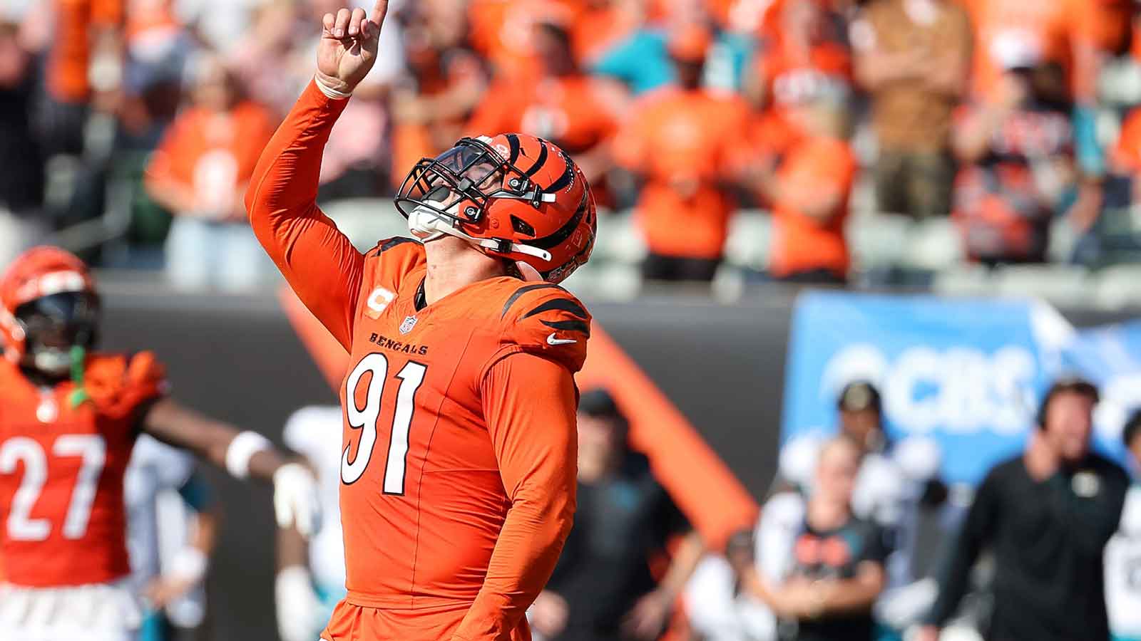 Cincinnati Bengals defensive end Trey Hendrickson (91) celebrates his sack during the fourth quarter against the Jacksonville Jaguars at Paycor Stadium.