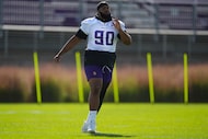 Minnesota Vikings defensive end Jonathan Bullard (90) takes part in drills during an NFL...