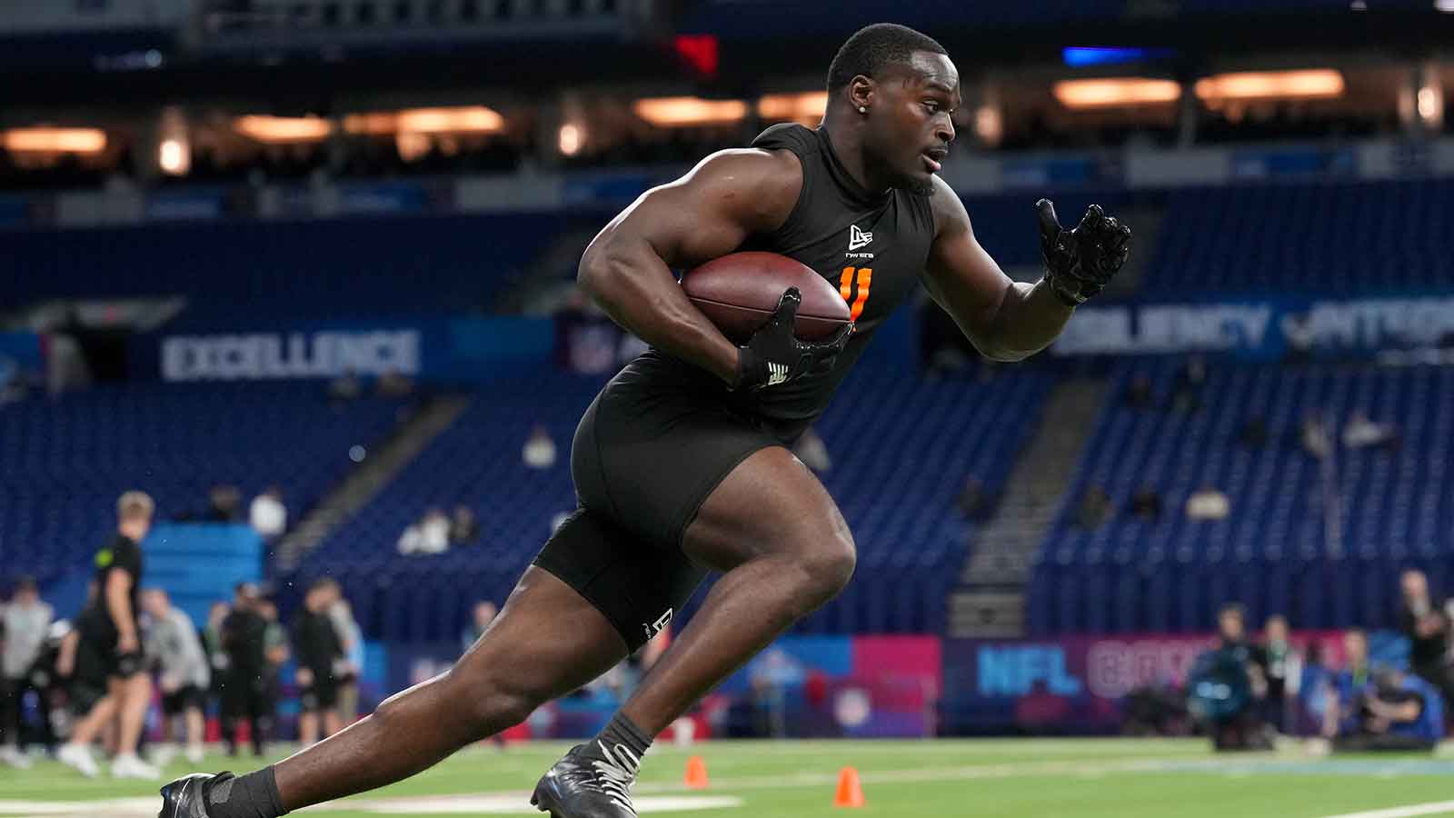 Notre Dame running back Jeremiyah Love (RB11) during the NFL Scouting Combine at Lucas Oil Stadium.