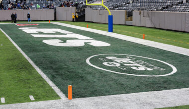 The New York Jets' end zone at MetLife Stadium in East Rutherford, shown in December 2014.
