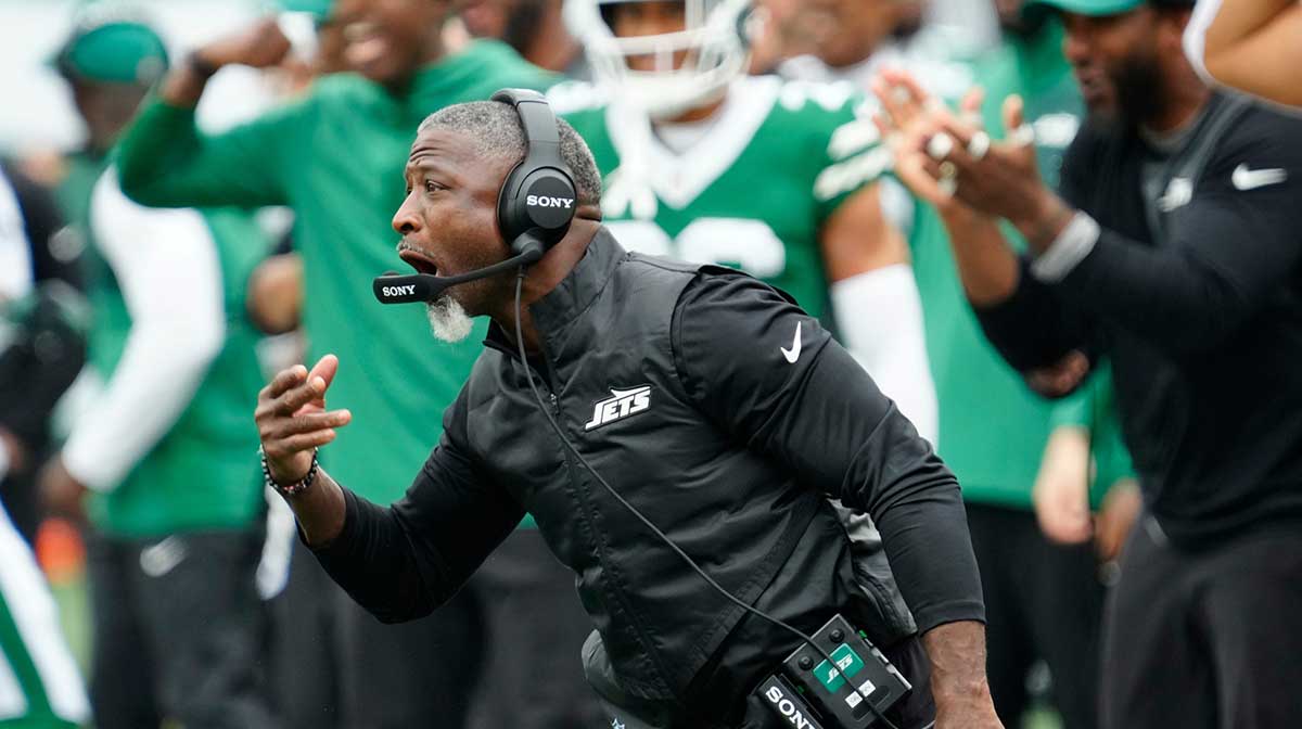 New York Jets Head Coach, Aaron Glenn, is shown during his first game on job.