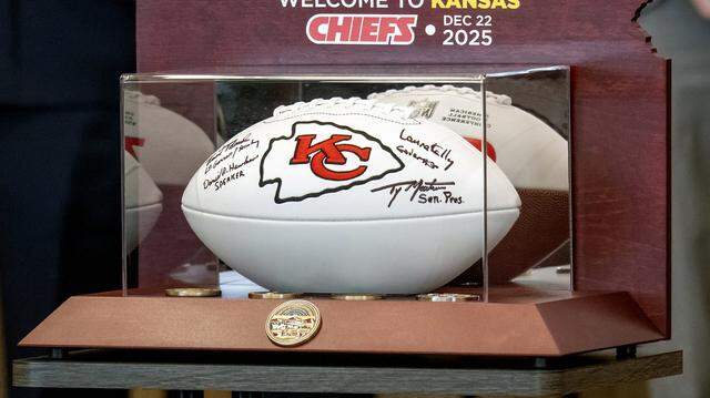 A football signed by Kansas Gov. Laura Kelly was presented to Chiefs owner Clark Hunt after Kelly announced the NFL franchise will build their new stadium in in Kansas City, Kansas. Kelly made the announcement on Monday, Dec. 22, 2025, in Topeka.