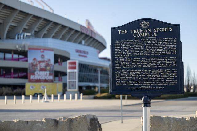 A marker of history standing at a crossroads. This 2016 sign at the Truman Sports Complex seen on Wednesday, Jan. 14, 2026, explains the legacy of the grounds between Arrowhead and Kauffman Stadiums. Following the December announcement, the Kansas City Chiefs are set to leave their longtime home for a new domed stadium in Wyandotte County, Kansas.